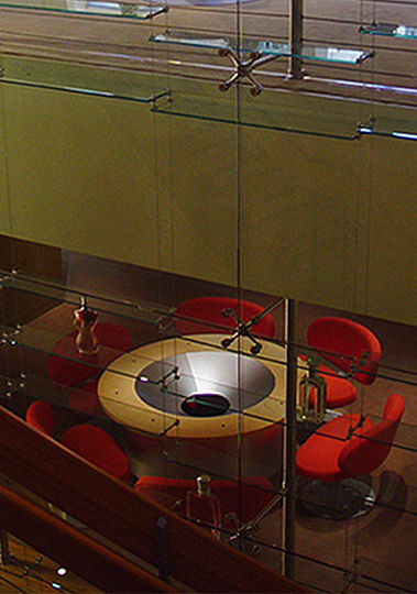 The conference room on the lower level features a special round table that displays holographic images of upcoming products.