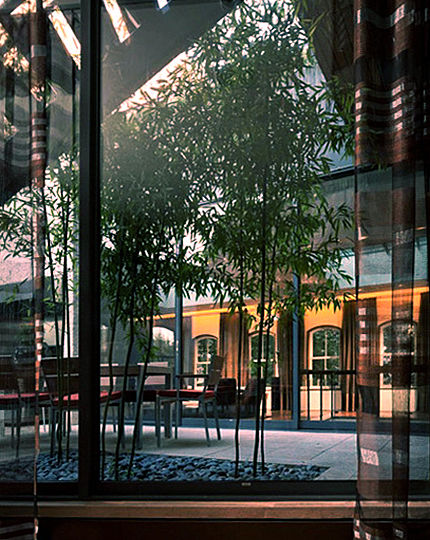 Dining and living areas of the second floor face the landscaped courtyard. The 60ft. long straight line of the cove-light helps to visually connect the dining area with the living room.