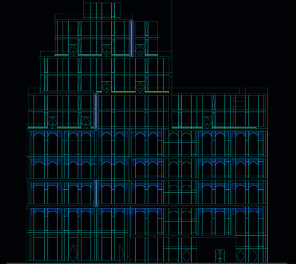 The lighting effect is based on the perceptional difference between the natural light and the dark blue light of the cold cathode. At twilight, a subtle blue light becomes more noticeable with the progression of night. The resulting effect is subtle, but amplified by the scale of the whole installation covering both facades of the building.    