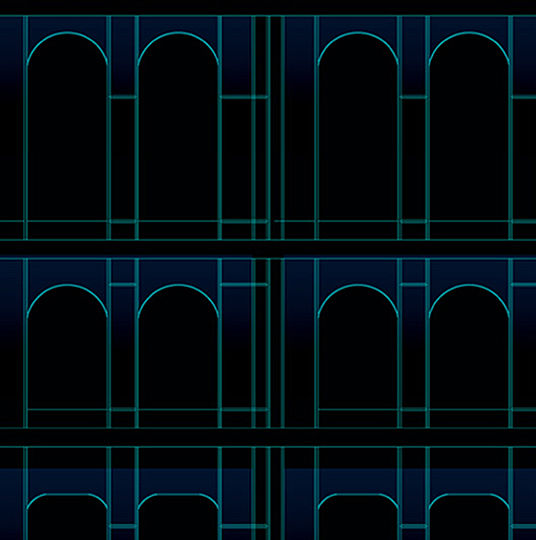 The proposed, rather low-tech solution for exterior lighting is aimed to reveal the presence of the original Tiffanyâ€™s building at night. Dark blue cold-cathode tubes are mounted under the new glass â€œskinâ€ of the building, at the top of each floor, above the cast iron arches, facing the exterior. The tubes are fully concealed from view on both, interior and exterior sides by two precisely positioned baffles. The baffles also limit the way the direct light of the tube reaches the arches, and help to re-distribute the light evenly over the tops of the arches. 