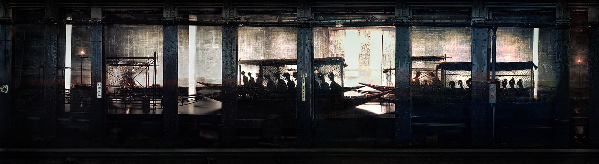 An 80-foot long water-pool was built on the tracks of an unused portion of a subway station at Canal Street.  The conventional subway space was transformed into a surreal underground canal. The lighting effect is achieved by using the transparent and reflective properties of a mesh screen, which envelops the entire installation. 